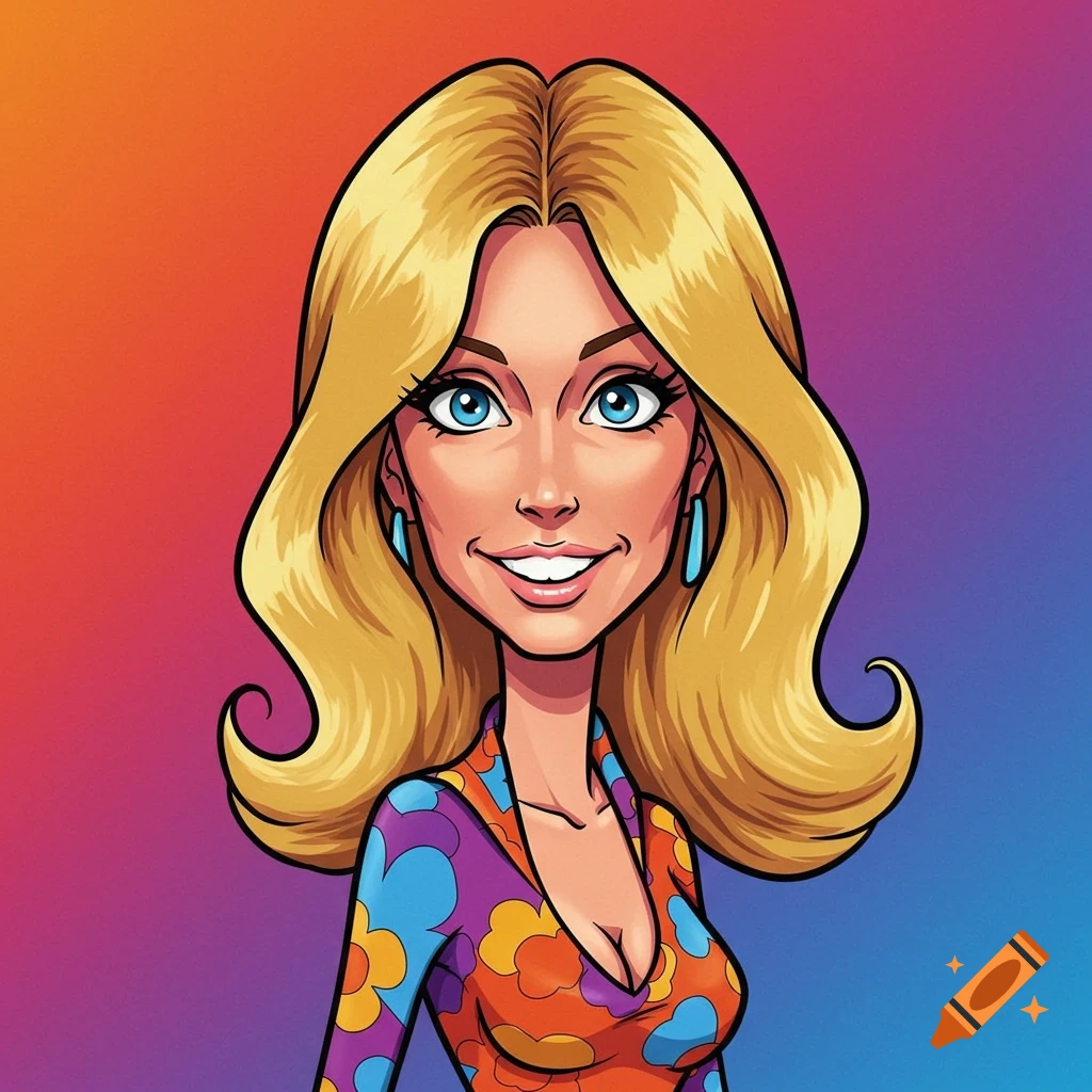 Cartoon portrait of a smiling woman with blonde hair and blue eyes, wearing a colorful retro floral top against a gradient background.