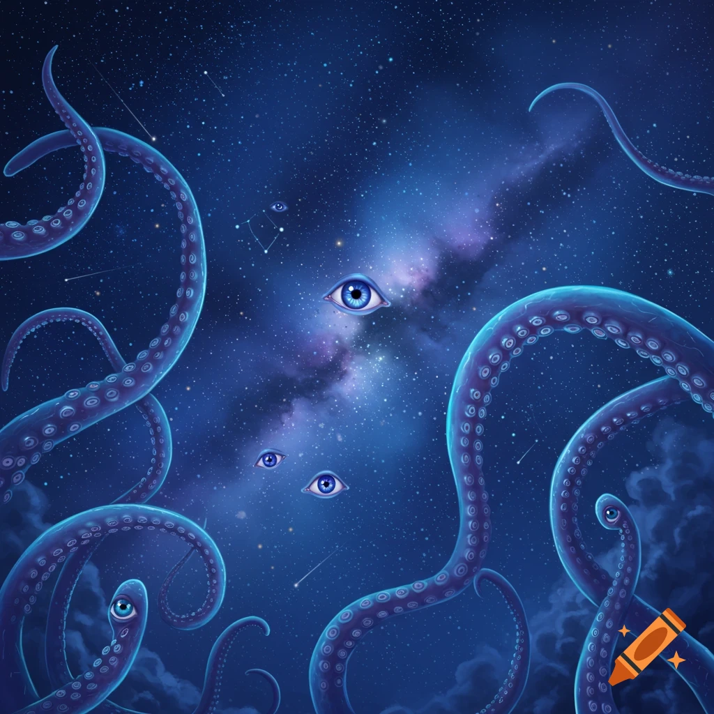 Cosmic blue tentacles with eyes float in a starry night sky, featuring the Milky Way, in a surreal art style.
