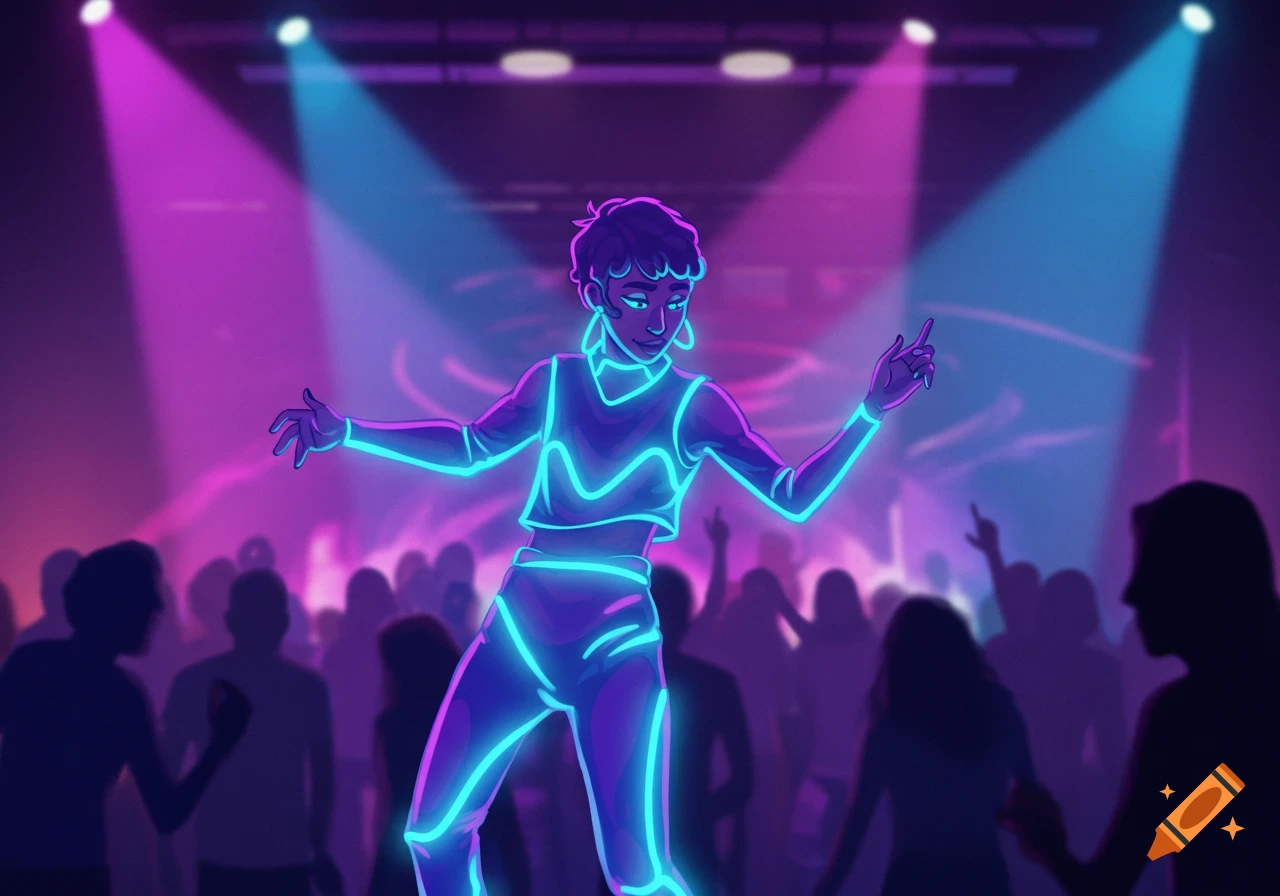 An anime-style dancer with glowing neon outlines performs on stage in a club under purple and blue spotlights, with silhouetted figures in the background.