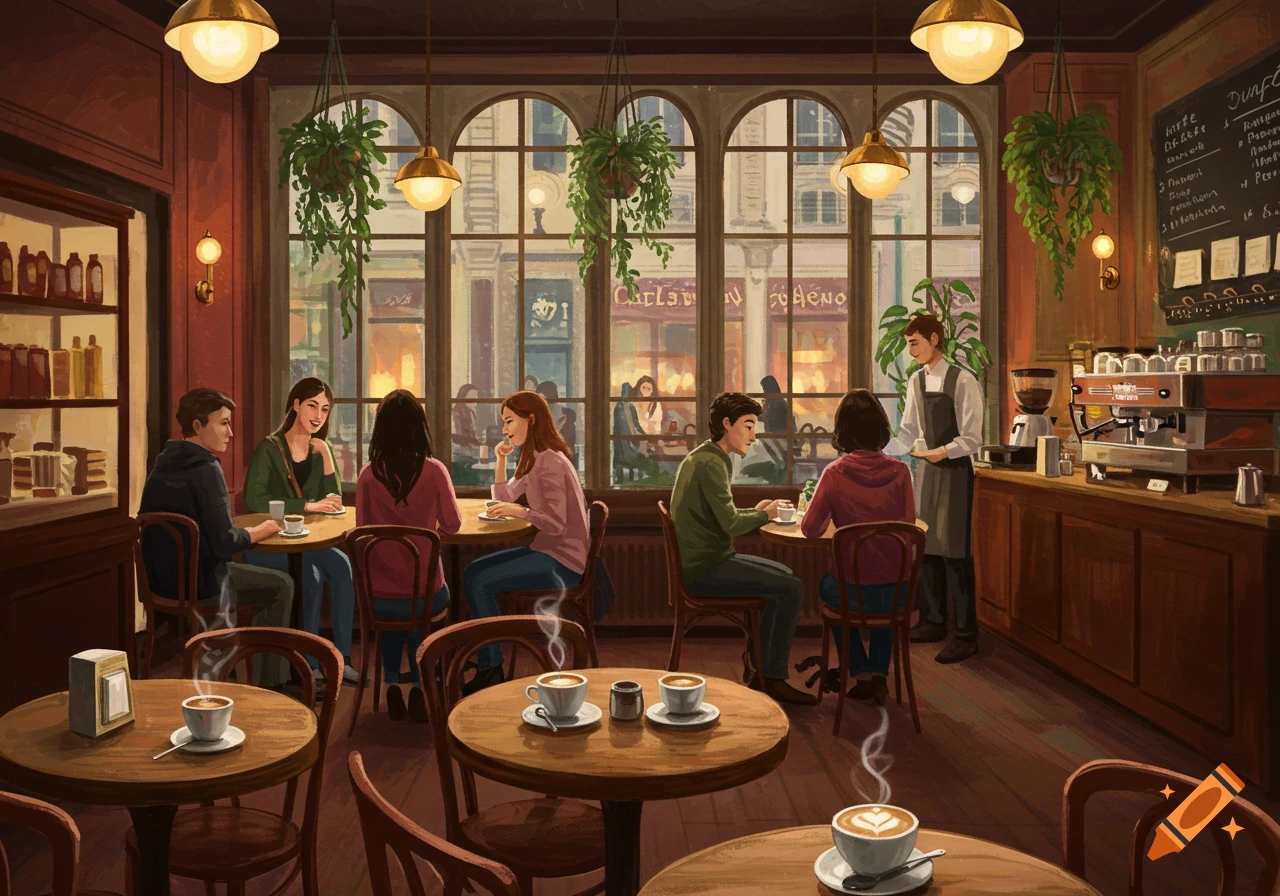 An illustrative painting of a cozy cafe interior with patrons sitting at tables and a barista serving coffee. Large arched windows overlook a city street.