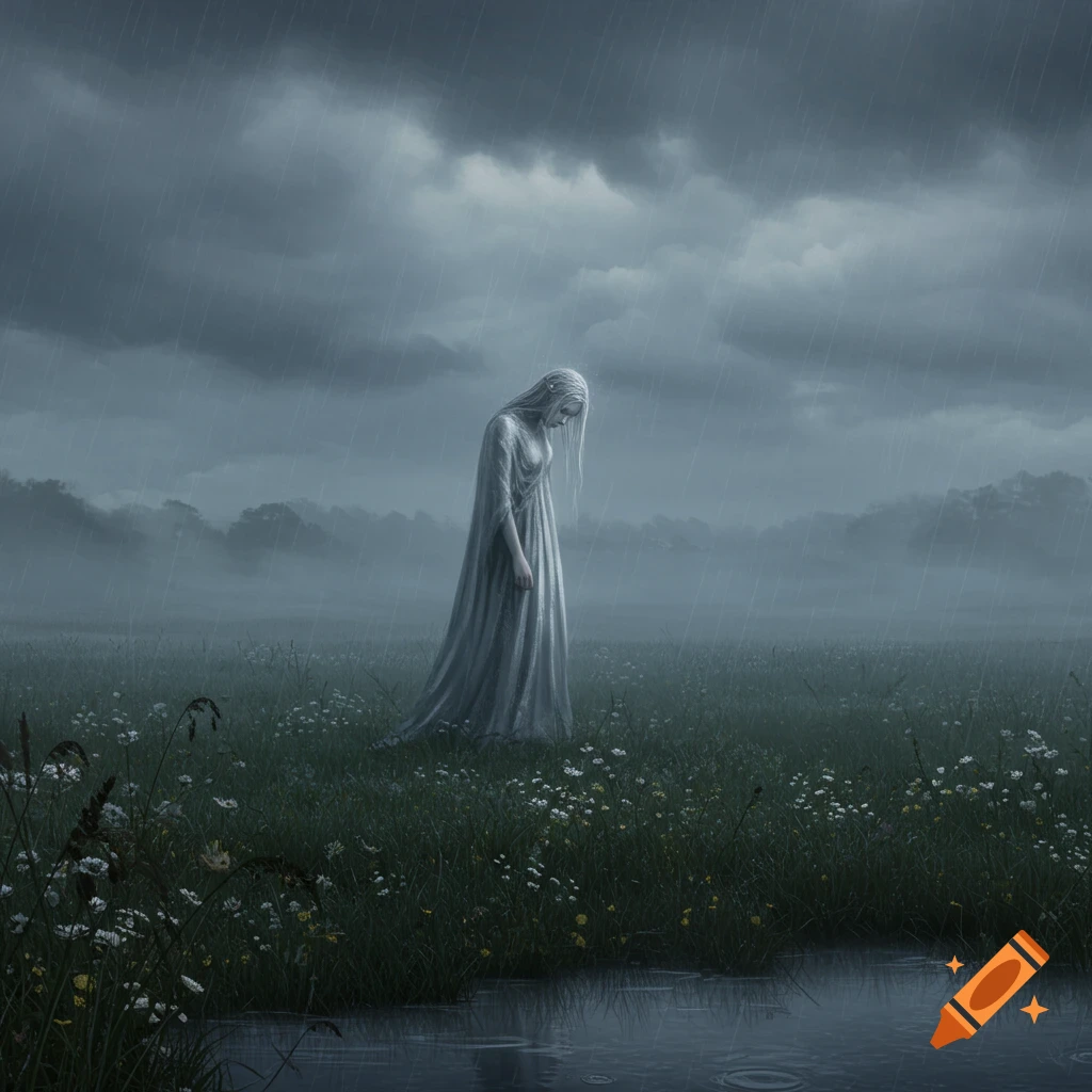 Ethereal figure in a long dress stands in a rainy, green field with small flowers under a dark, cloudy sky, looking down.