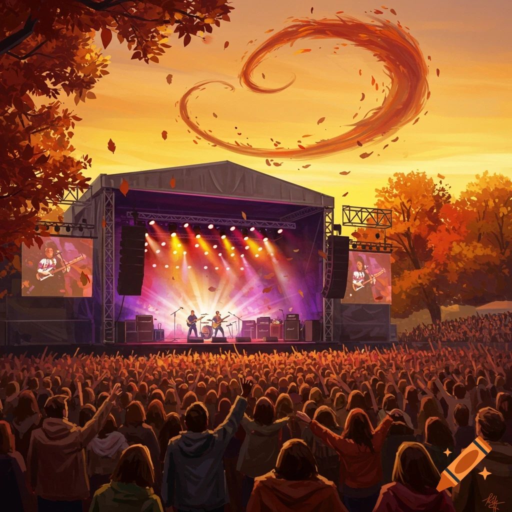 Illustrated rock concert with a band performing on stage to a large crowd under an autumn sunset sky with falling leaves.