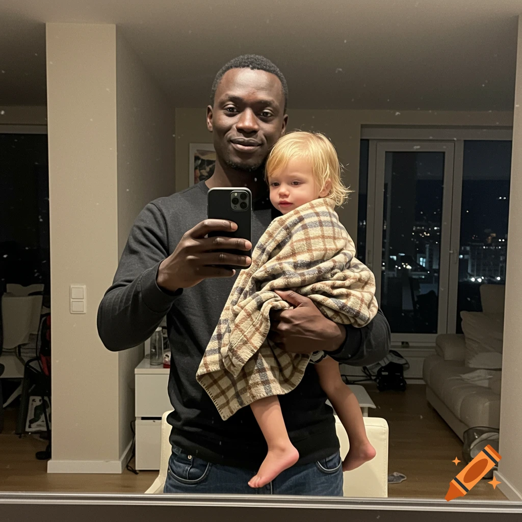 An African man holds a blonde baby wrapped in a blanket, taking a mirror selfie in a modern apartment at night.