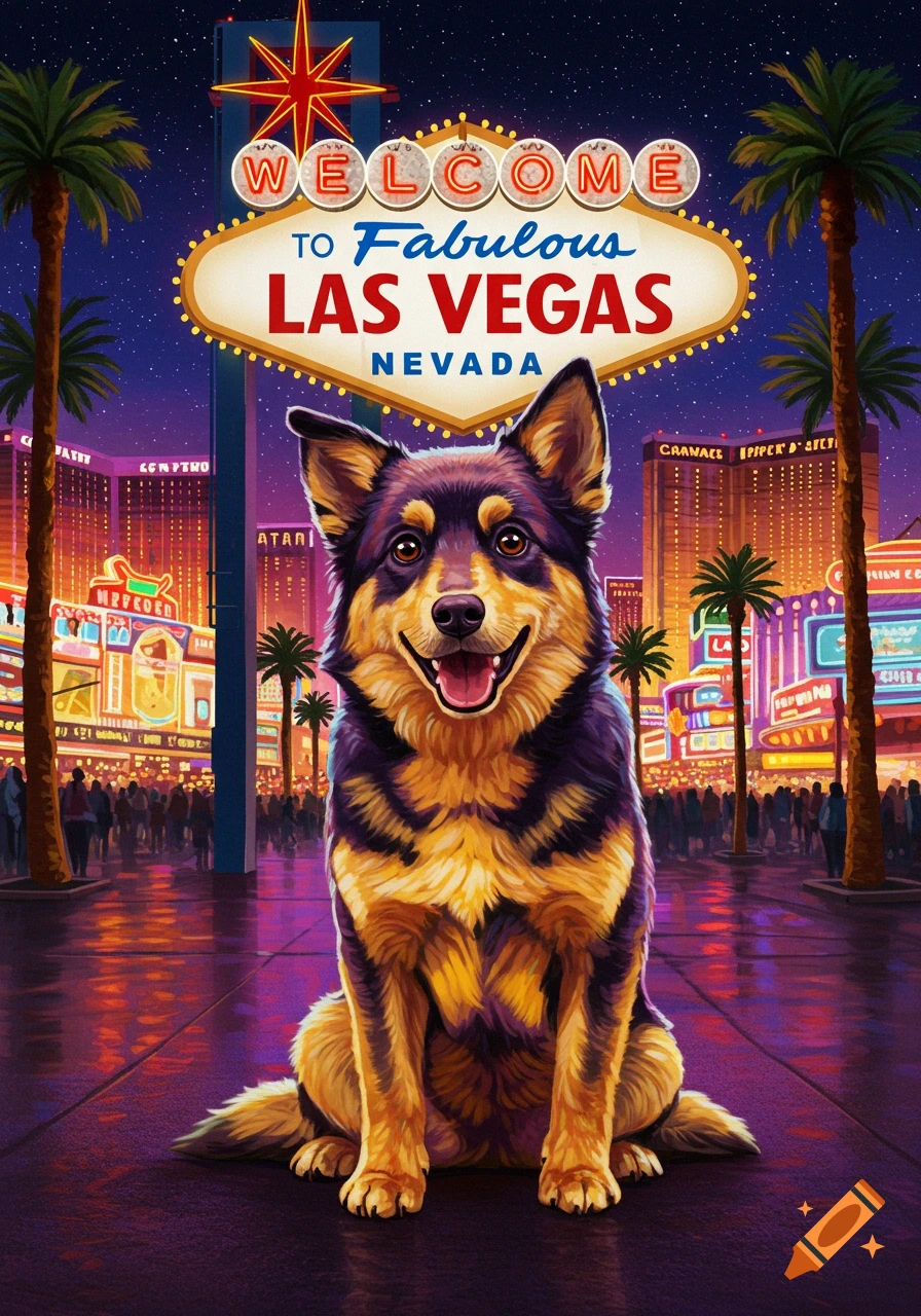 A happy black and tan dog sits in front of the illuminated 'Welcome to Fabulous Las Vegas' sign and neon city at night, illustration.