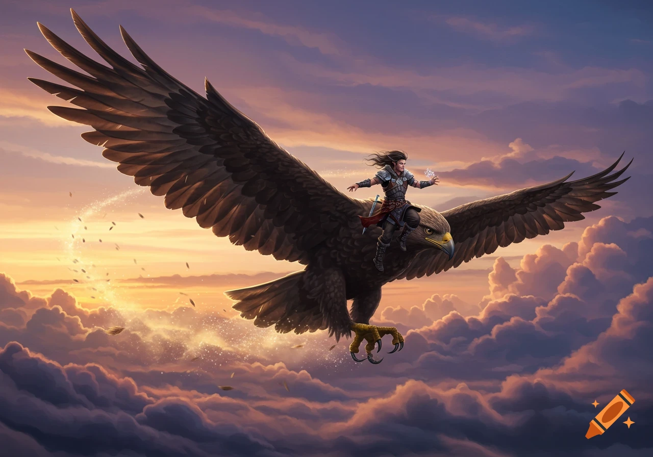 A man in armor rides a giant eagle soaring through a vibrant sunset sky over clouds, fantasy art.