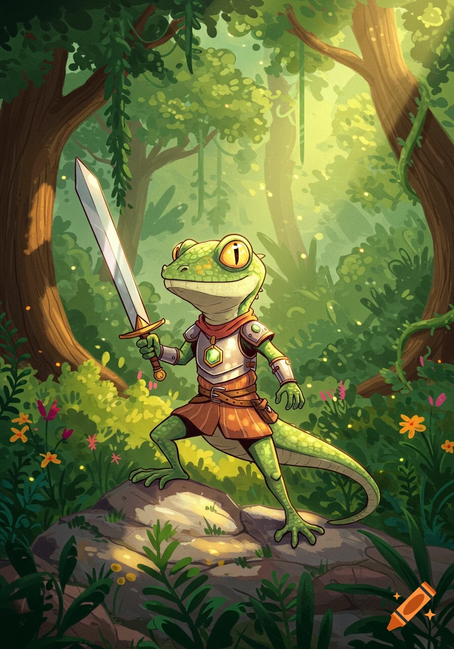 A cartoon lizard warrior in armor holds a sword while standing on a rock in a lush, sunlit forest.