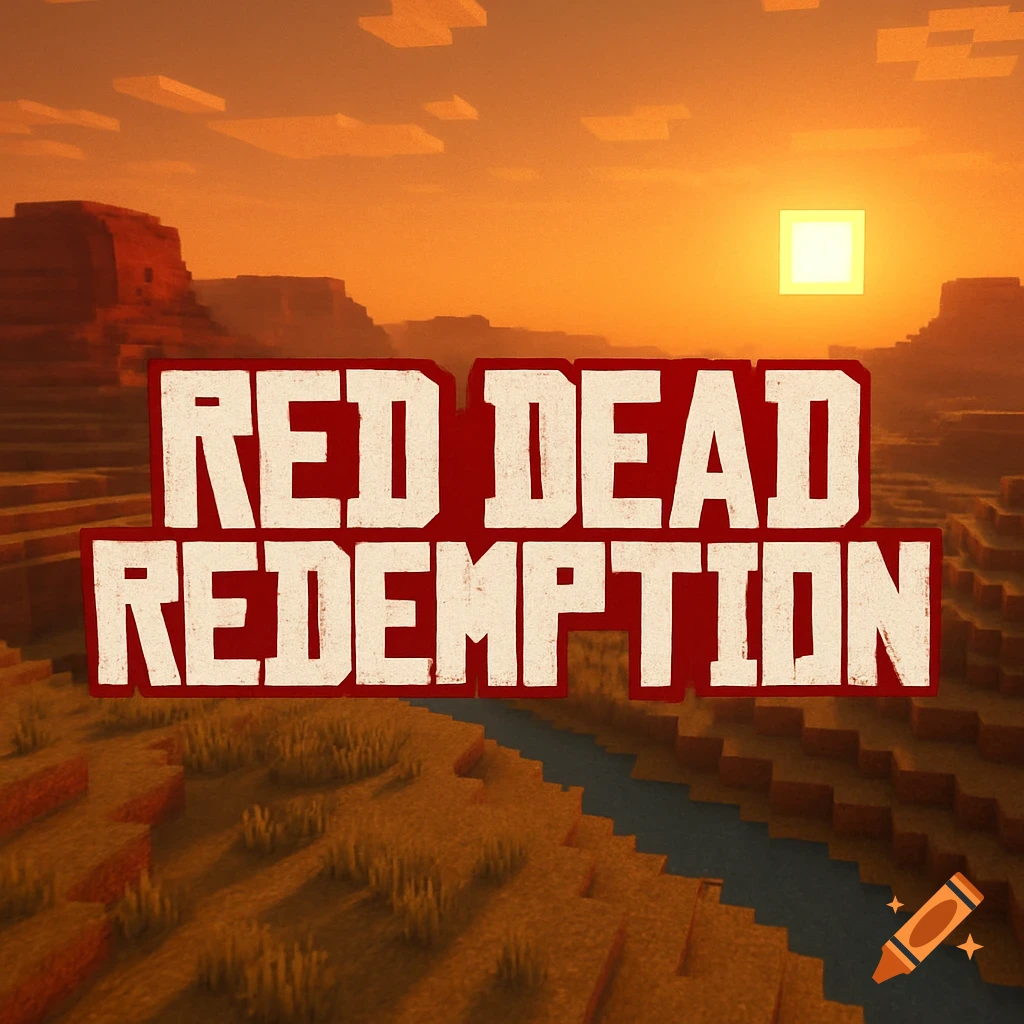 Blocky desert landscape with a river and sunset, featuring the text 'RED DEAD REDEMPTION' in a pixelated font.