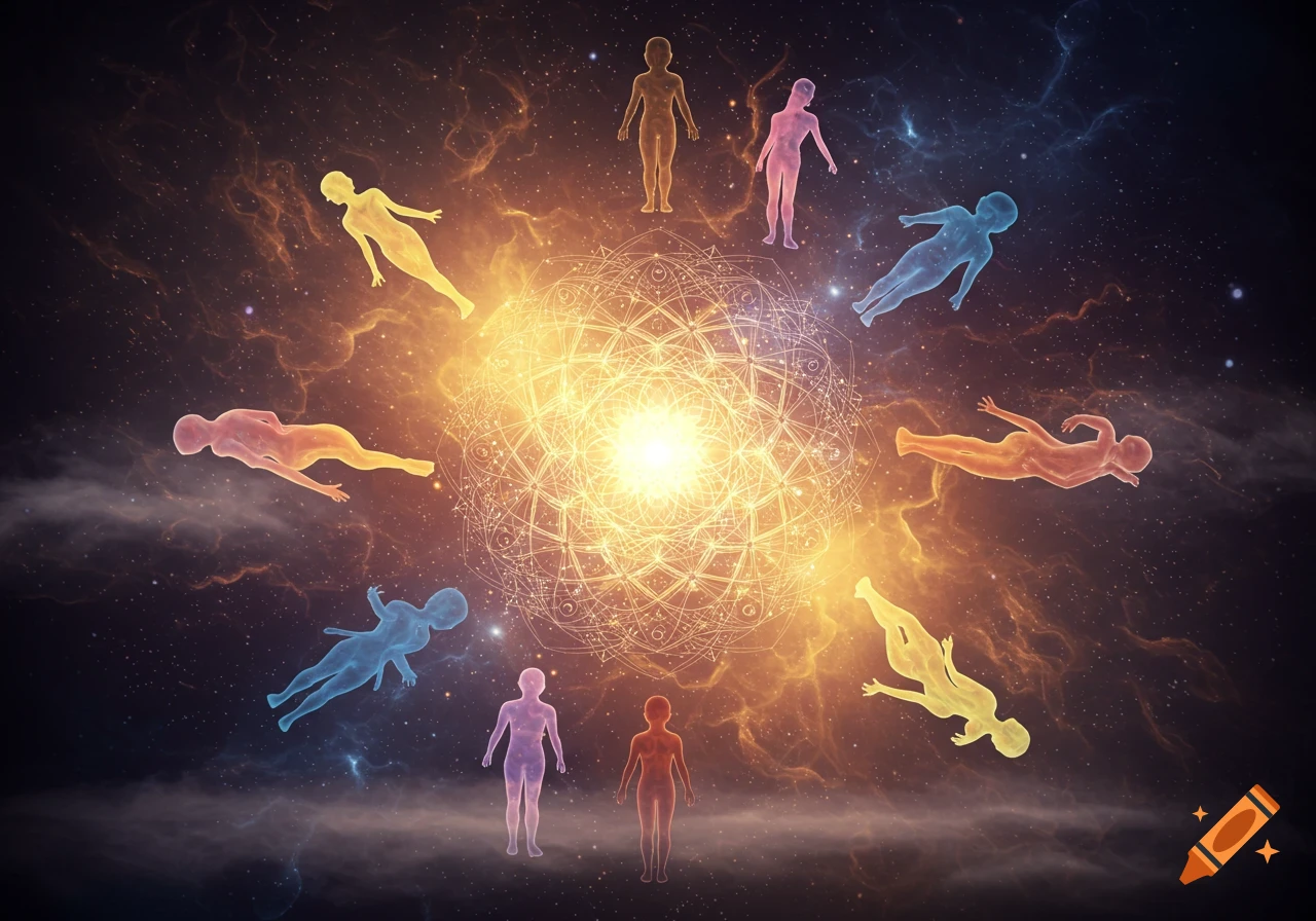 Ethereal, glowing human figures circle a radiant mandala in a cosmic sky filled with stars and nebulae.