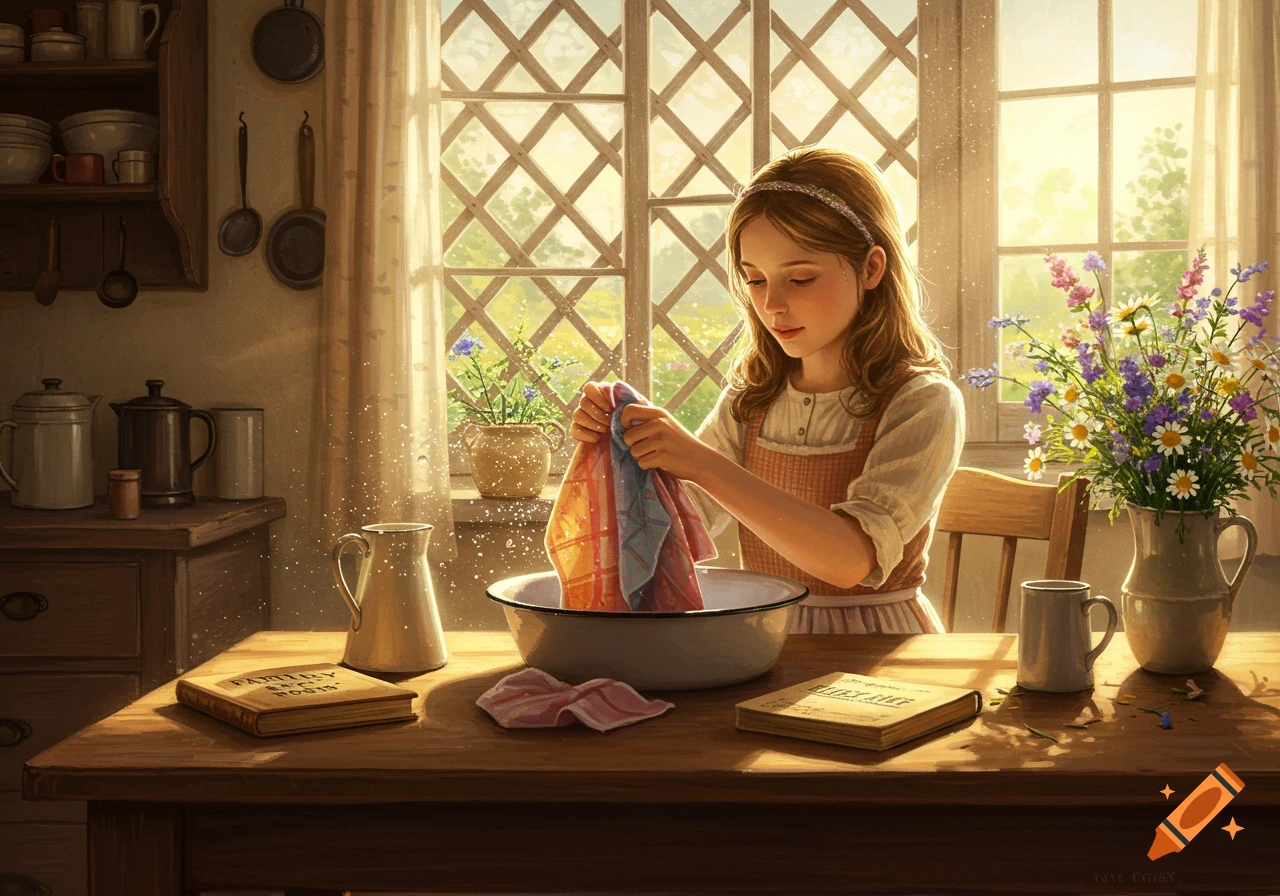 A young girl with long brown hair in a rustic kitchen wrings a colorful cloth over a basin in golden sunlight, with flowers on the table.
