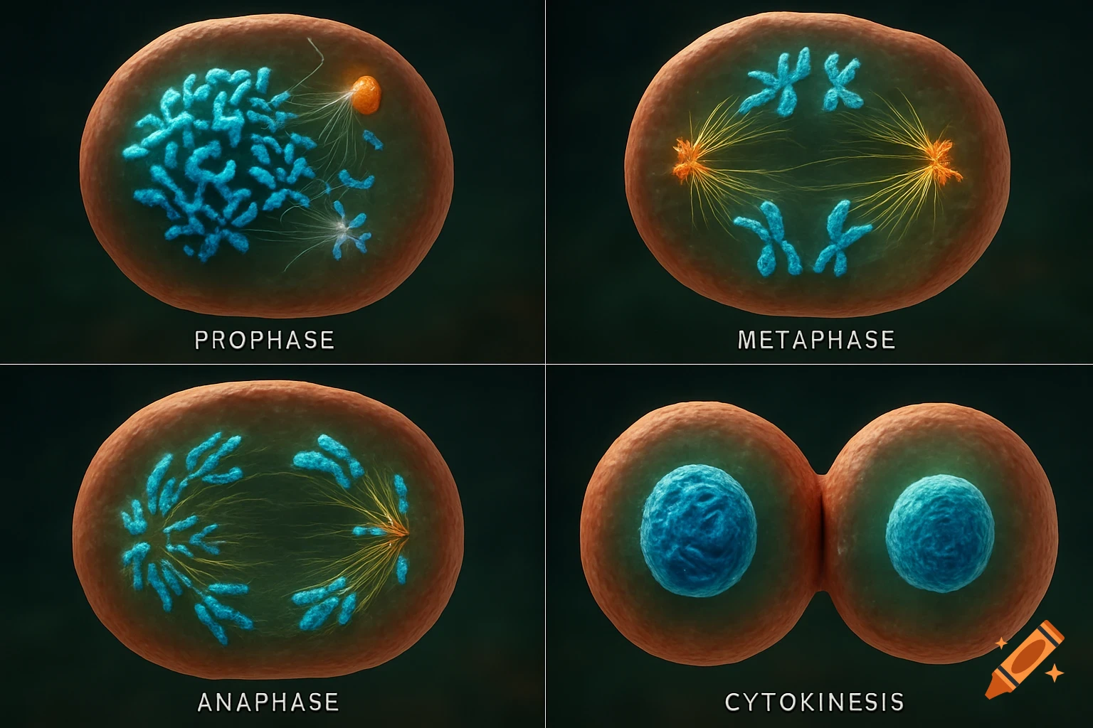 Diagram of four stages of animal cell mitosis: prophase, metaphase, anaphase, and cytokinesis, showing chromosomes and spindle fibers.