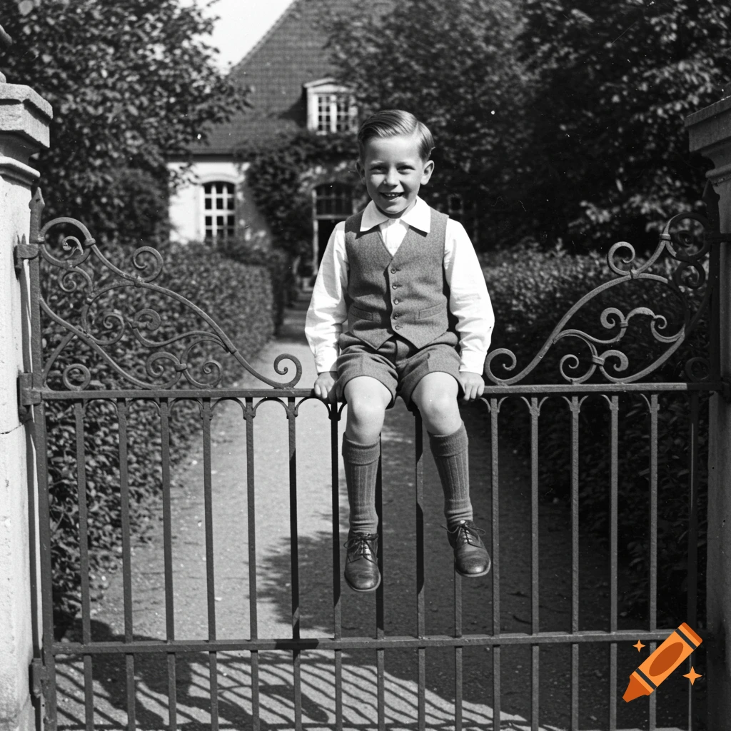 A smiling little boy in vintage attire sits on a decorative iron gate in a black and white photograph.