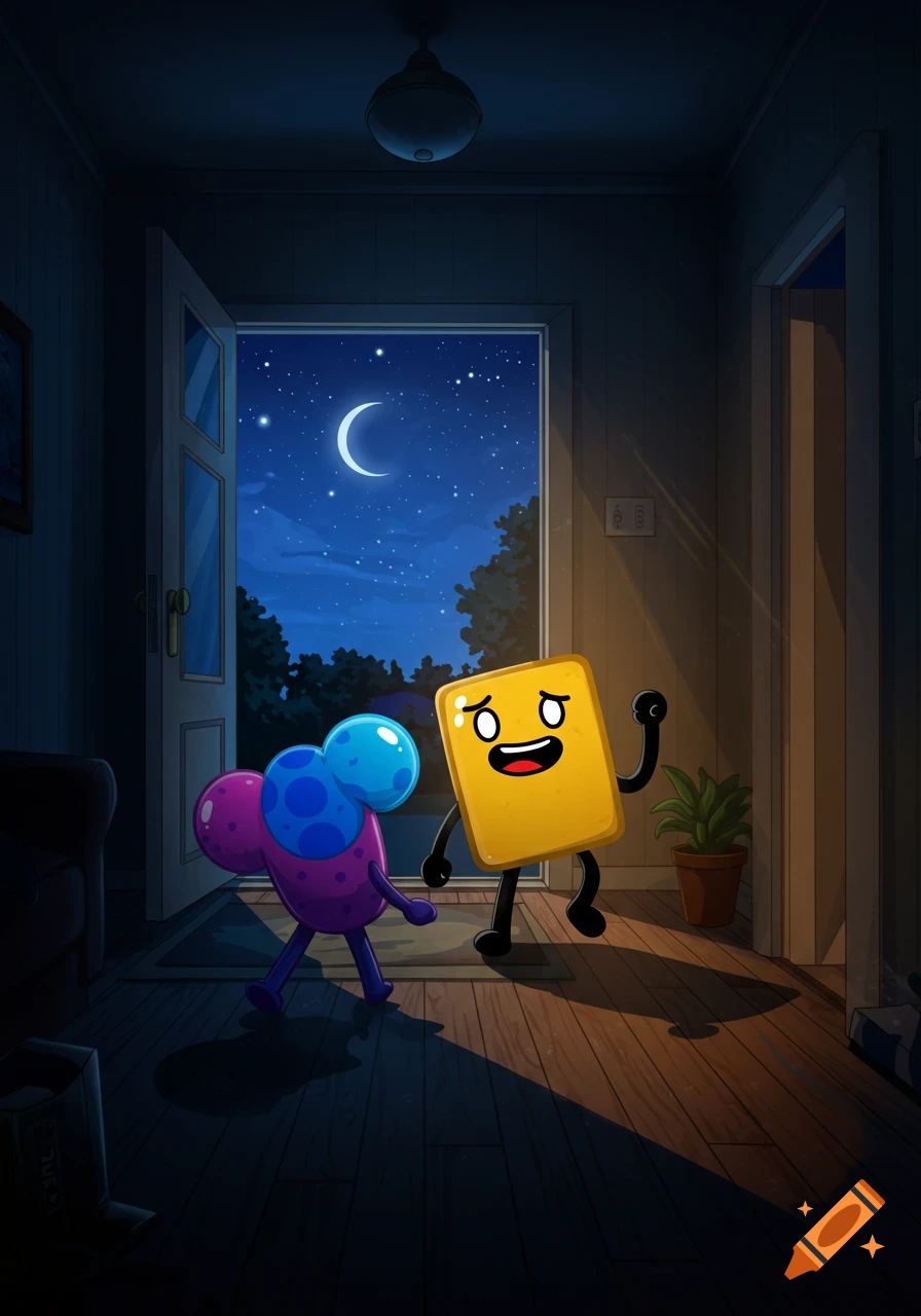Two cartoon characters, a yellow square and a purple blob, walk through a dimly lit house towards an open door showing a starry night sky with a crescent moon.