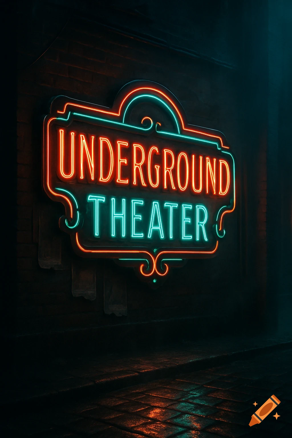 A vibrant red and teal neon sign for 'UNDERGROUND THEATER' glows brightly on a dark, wet brick wall at night.