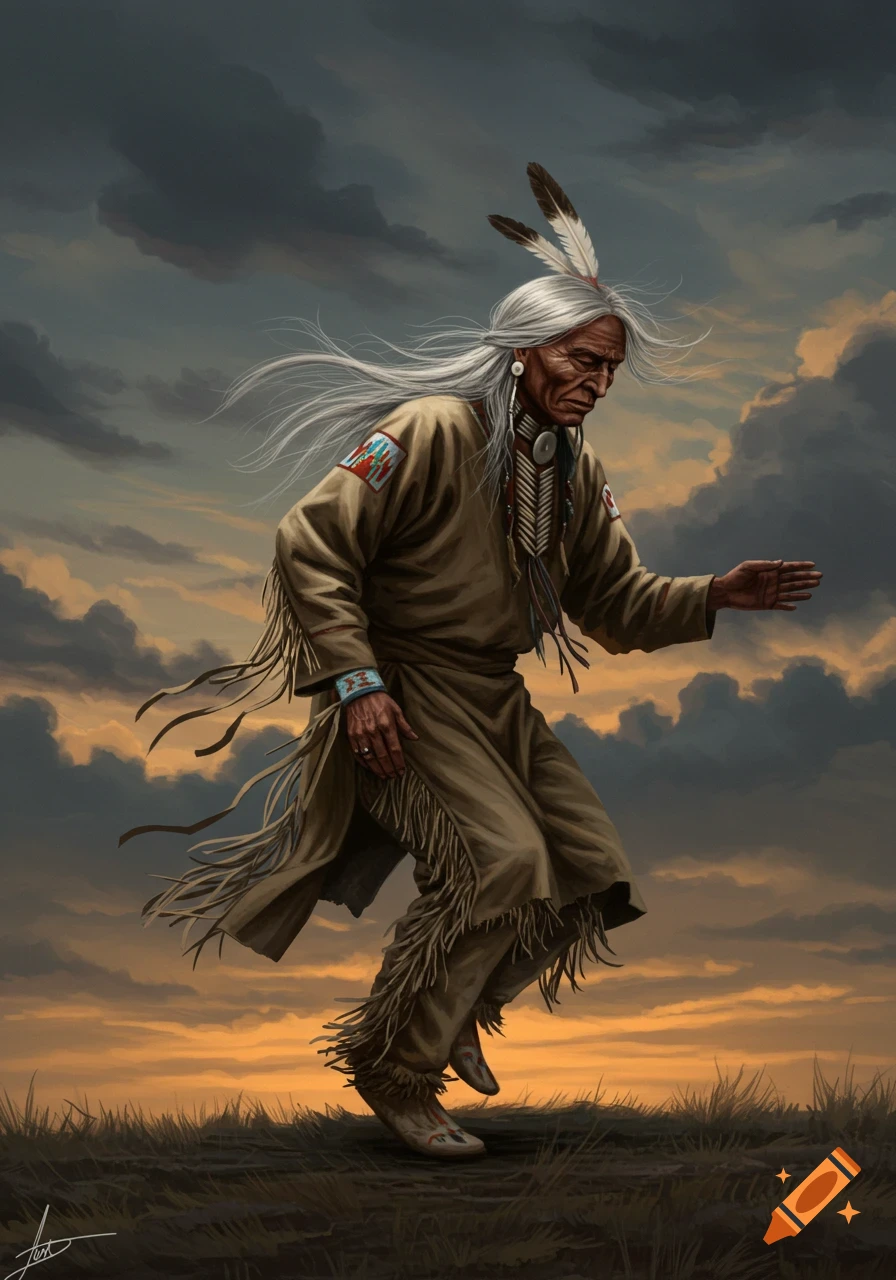 Painting of an old Native American man with long white hair dancing in traditional attire against a dramatic sunset sky.
