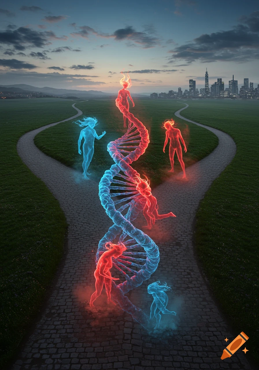 Glowing red and blue ethereal figures intertwined around a DNA helix on a fork in a paved road leading towards a city skyline at dusk.