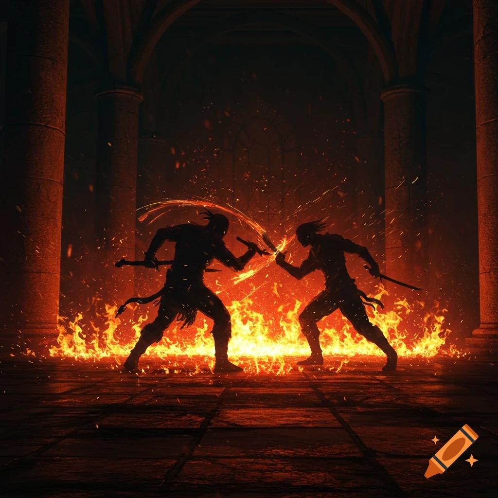 Two shadowy figures battle with swords amidst intense flames and sparks in a dark, ancient hall.