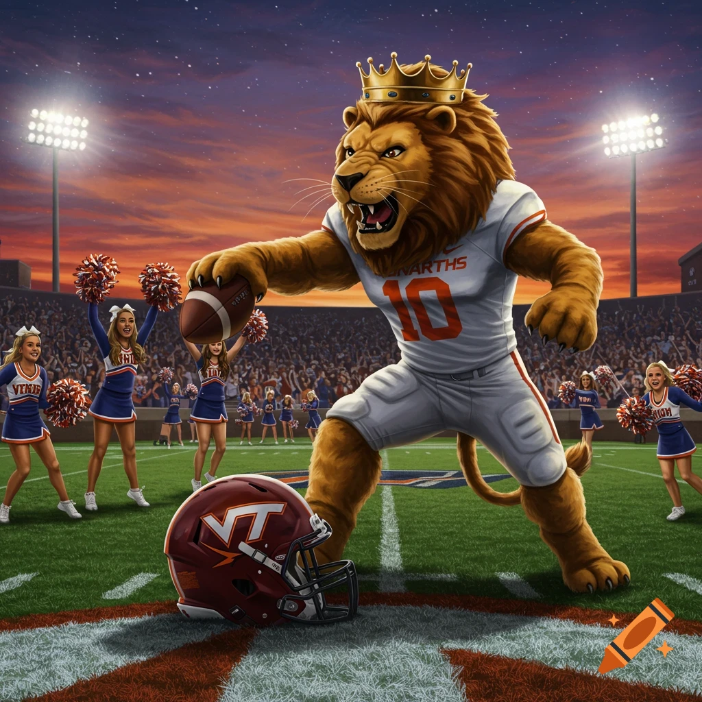 An aggressive lion mascot wearing a white football uniform with "MONARTHS 10" and a crown, holding a football. Cheerleaders and a football helmet with a "VT" logo are on the field with a stadium background at sunset.