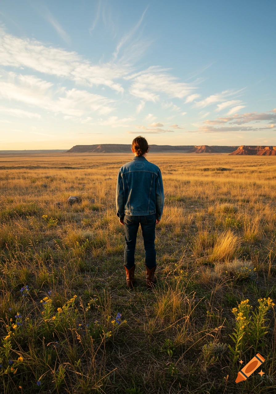A person in a denim jacket and boots stands in a golden prairie field, looking at a distant mesa under a sunset sky.