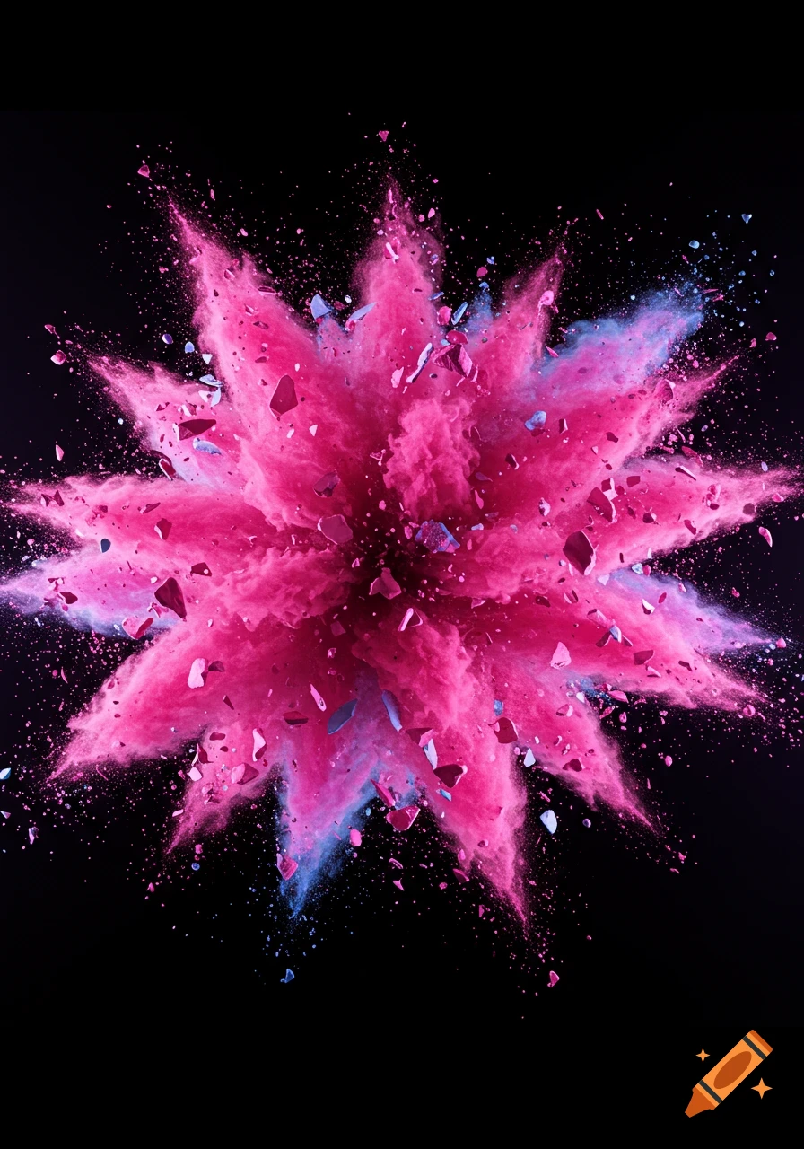 Vibrant pink and blue powder explosion with shattered fragments on a black background.
