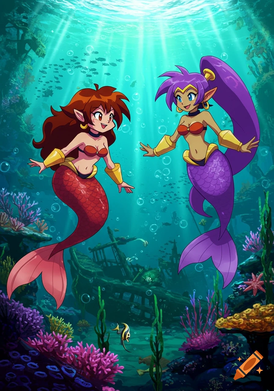 Two cartoon mermaids, one with brown hair and a red tail, and one with purple hair and a purple tail, swim underwater among coral and a sunken ship.