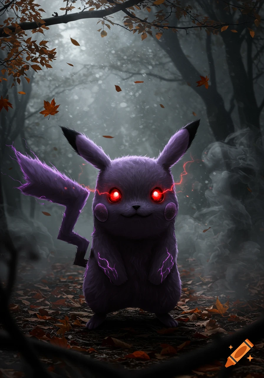 Dark, stylized purple Pikachu with glowing red eyes and purple lightning in a foggy, autumn forest.