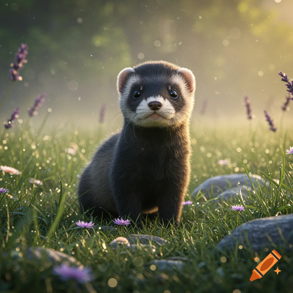 A small, cute ferret with dark fur and a white face looks directly at the viewer, sitting in a grassy meadow with purple flowers and morning dew.