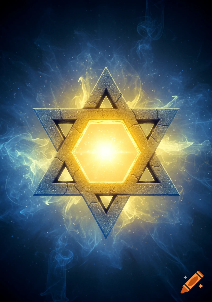 An ancient, cracked stone Star of David glows golden amidst swirling blue and yellow mystical smoke and particles.