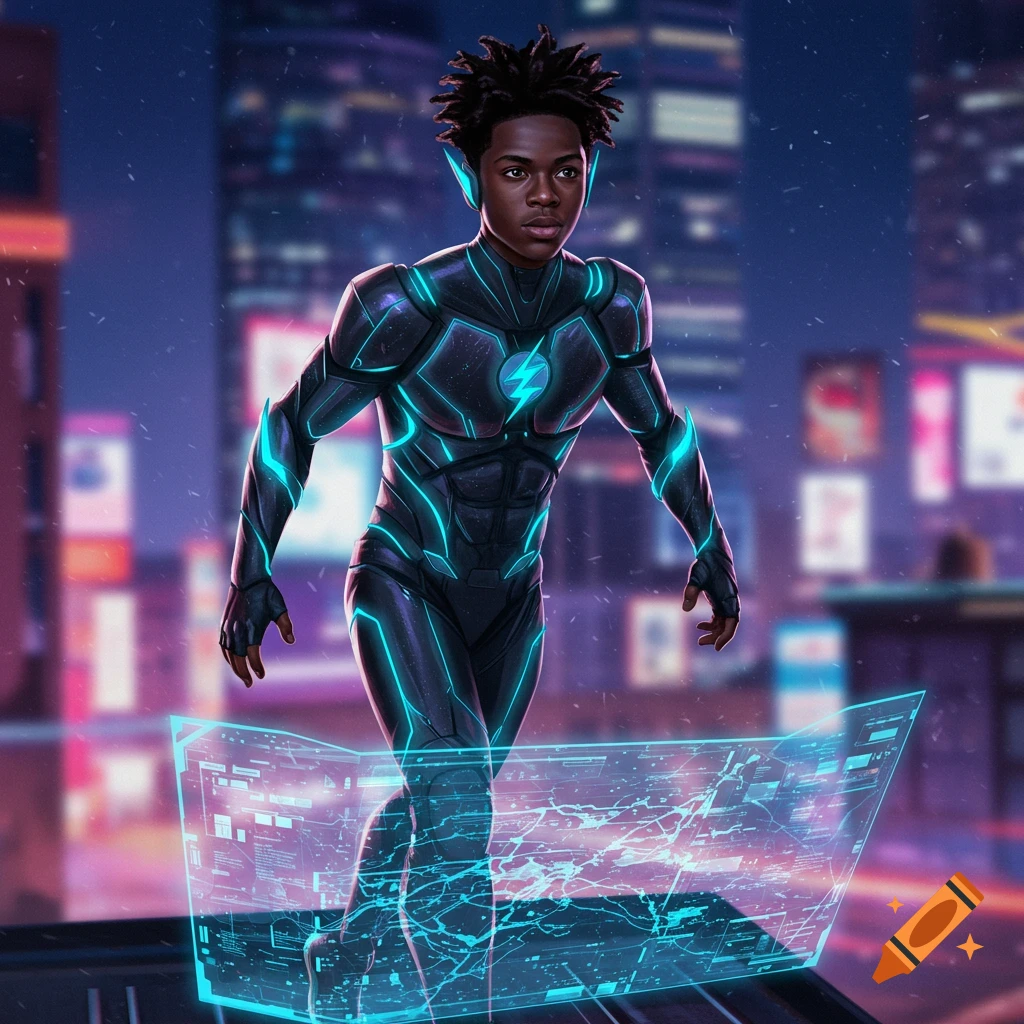 A young Black man with dreadlocks in a black, neon-blue futuristic speedster suit stands over a glowing holographic screen in a city at night.