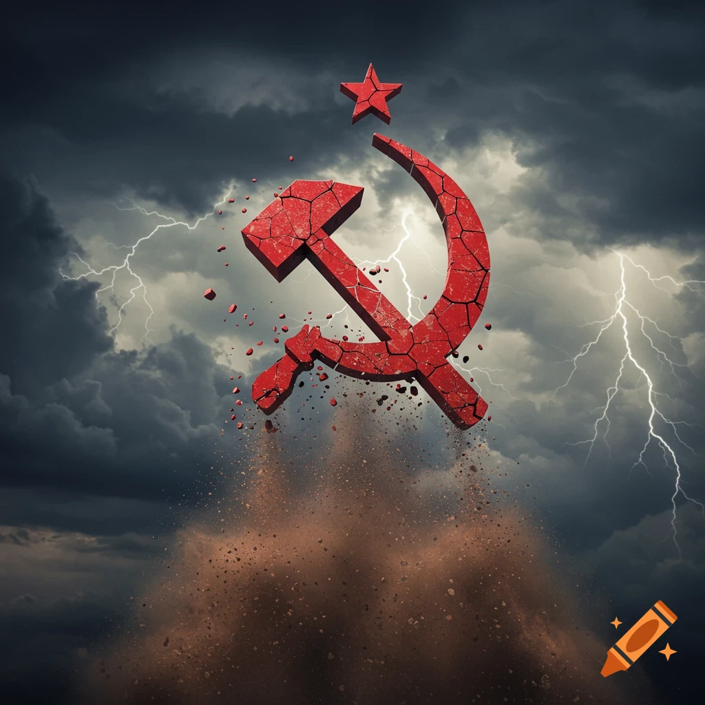 A cracked red hammer and sickle with a star crumbles into dust under a stormy sky with lightning.