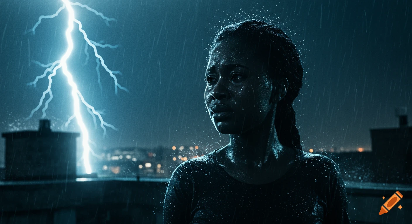 A photorealistic image of a wet Black woman crying on a city rooftop during a stormy night with a lightning strike.