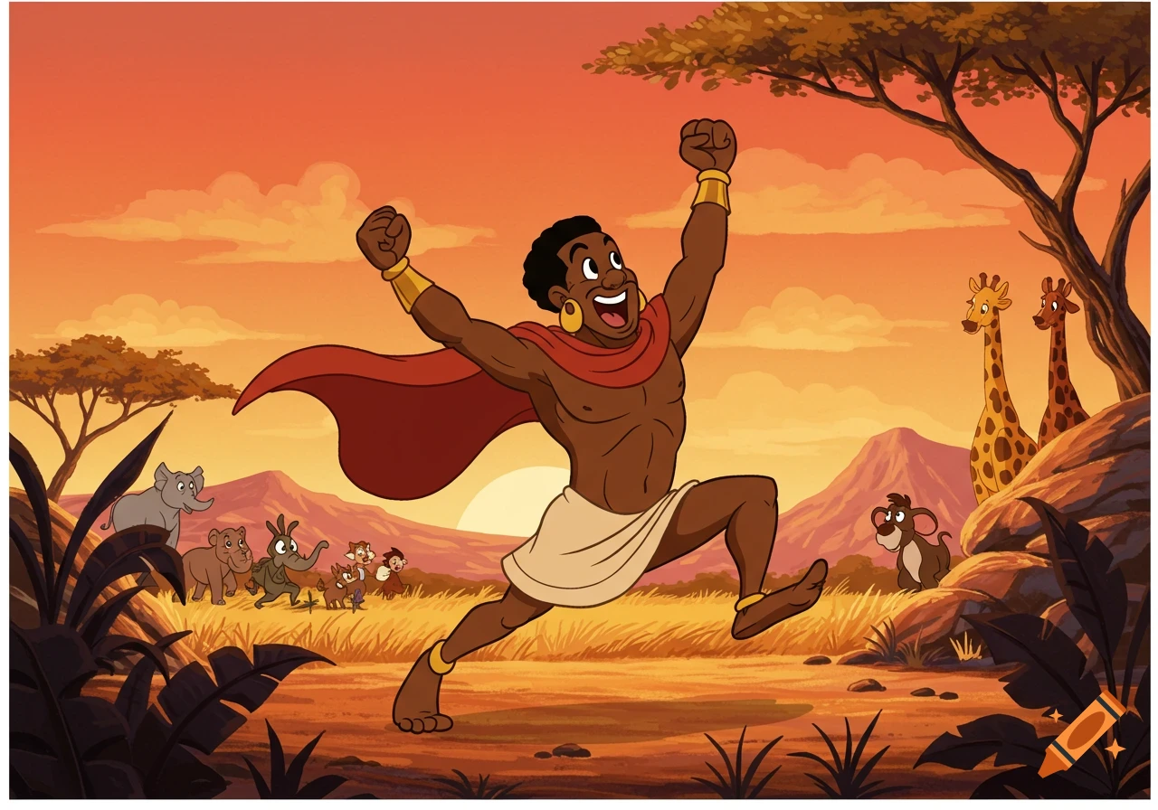 A cartoon man in a red cape runs joyfully through an African savanna at sunset, with cartoon animals including giraffes and an elephant.