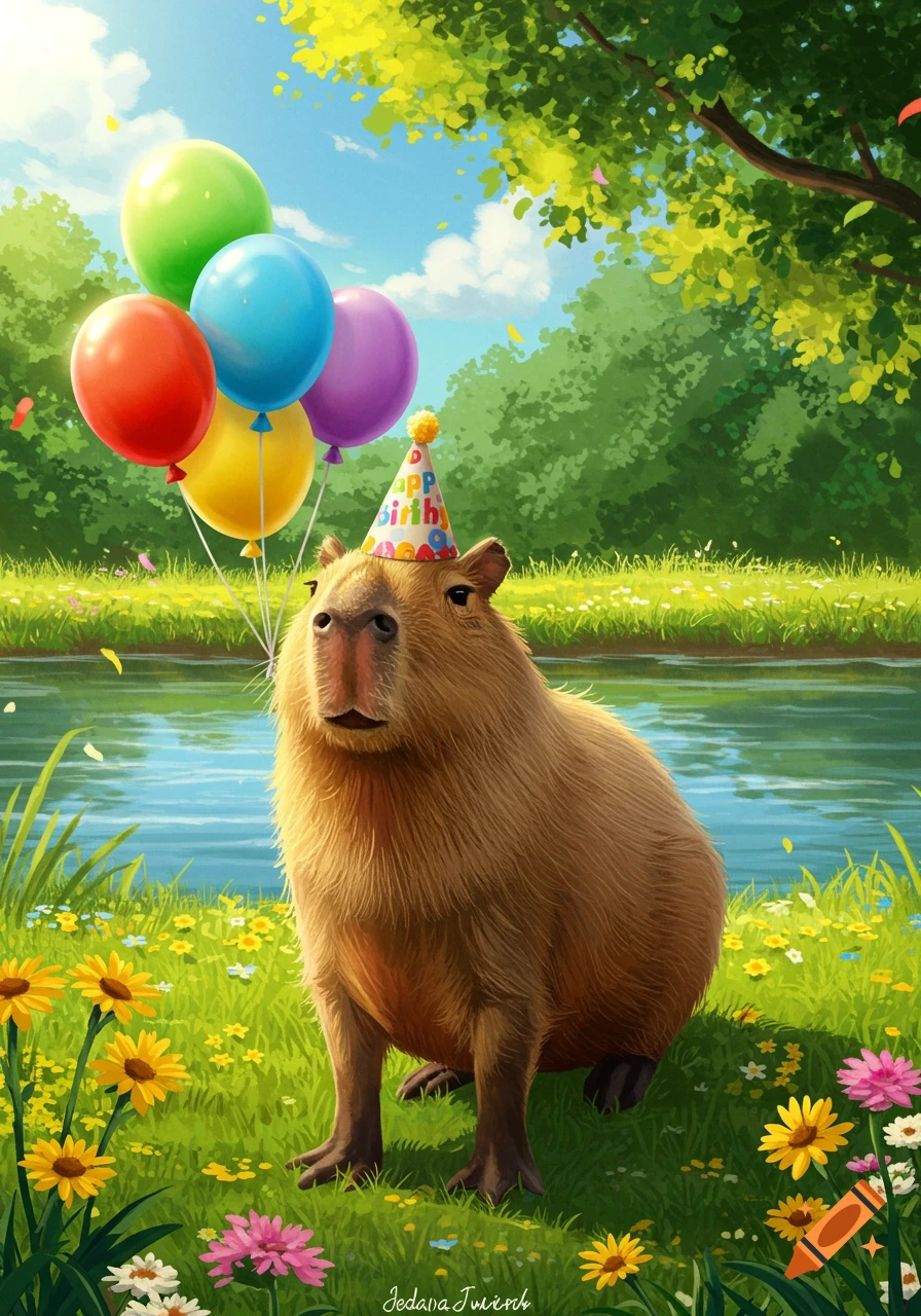 A capybara wearing a birthday hat with garbled text stands in a grassy field by a river, holding colorful balloons.