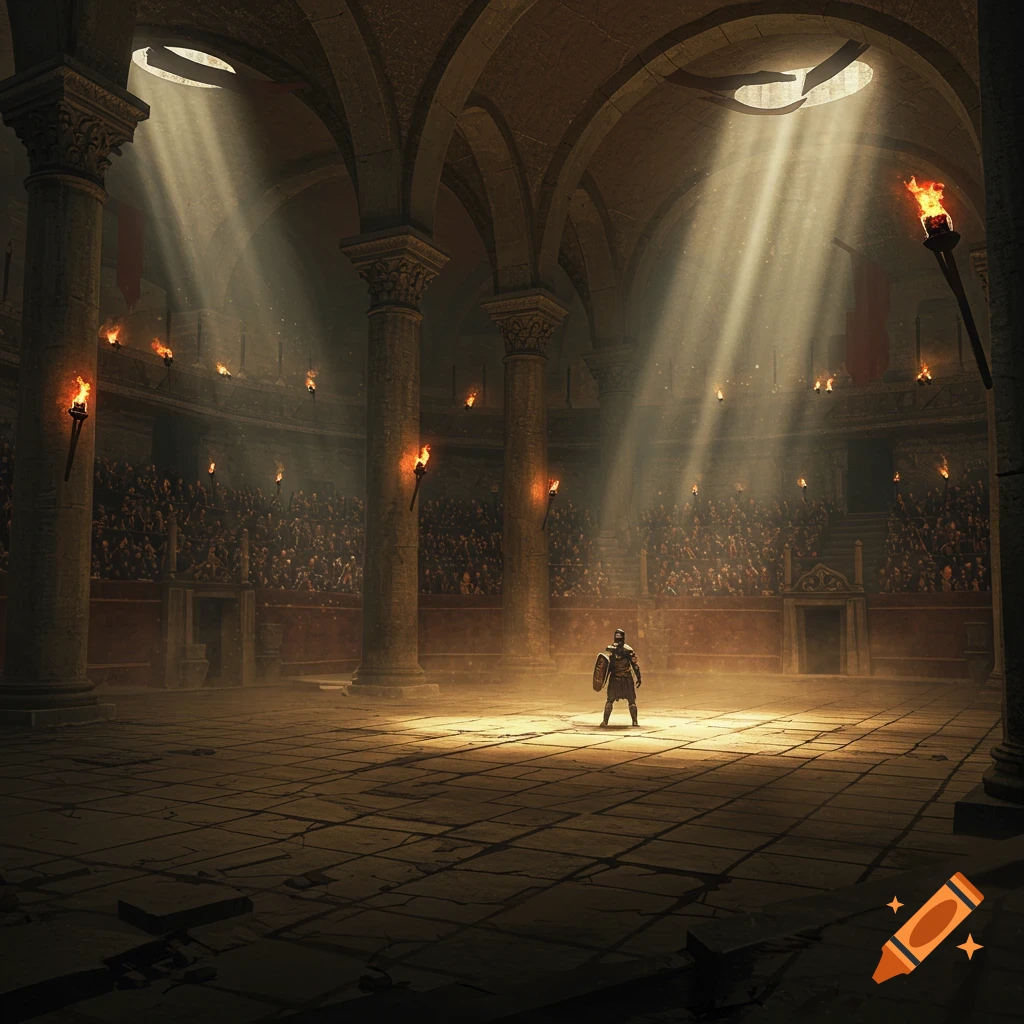 A lone warrior stands in the spotlight of a vast, ancient, crowded arena bathed in beams of light.