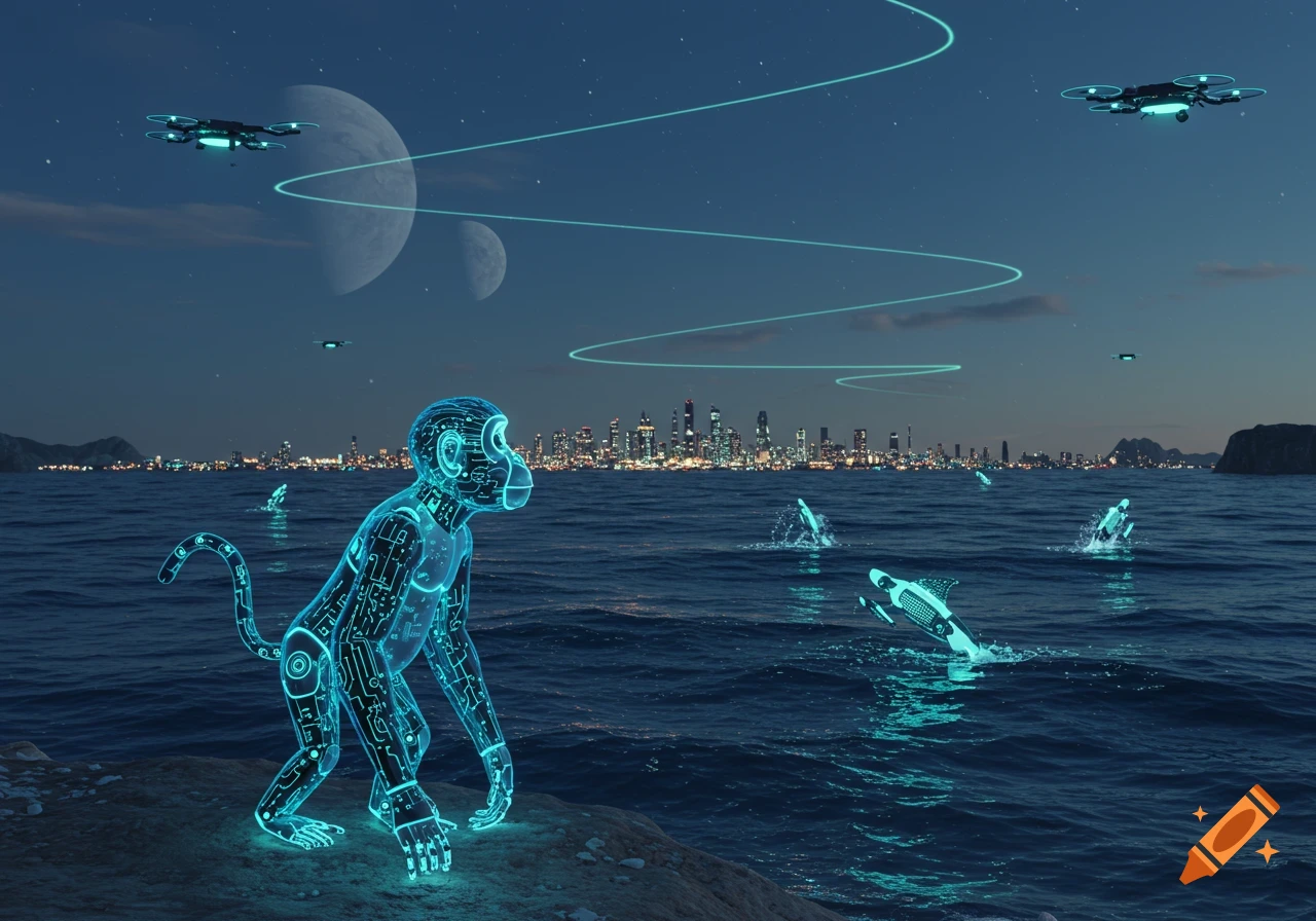 A futuristic glowing circuit monkey stands on a rock, observing bioluminescent dolphins leaping from the ocean with drones flying above. A city skyline and large planets are in the night sky.