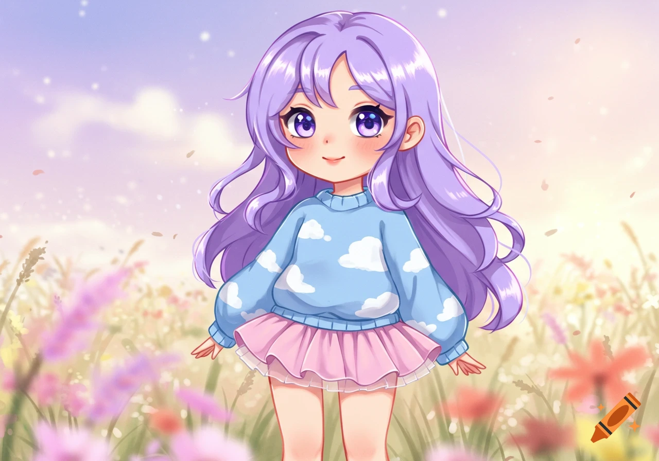 A cute chibi anime girl with long purple hair, wearing a blue cloud sweater and pink skirt, stands in a field of colorful flowers.