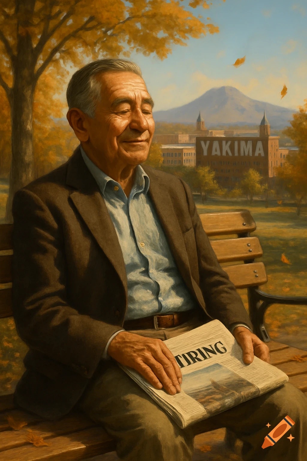 An older man sits on a park bench in autumn, smiling with his eyes closed, holding a newspaper. A city and mountain are in the background. The text "YAKIMA" is visible on a building, and "TIRING" on the newspaper.