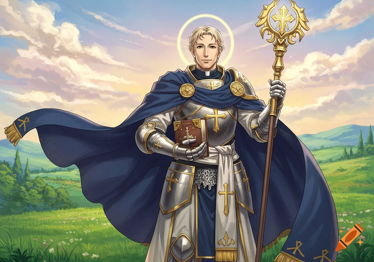 A blonde man in silver and gold armor with a blue cape, holding a cross-embossed book and a staff, stands in a green field under a cloudy sky in an anime art style.