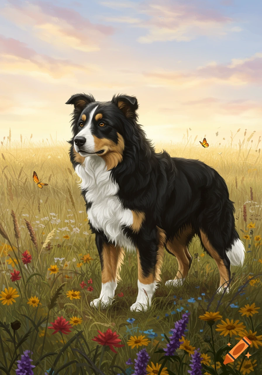 A black, white, and tan Border Collie dog stands in a vibrant field of wildflowers with butterflies under a sunset sky.
