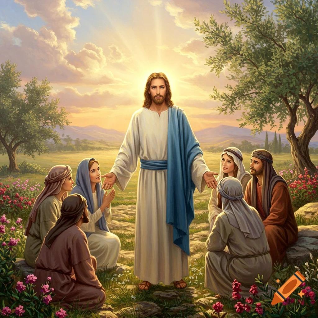 Jesus Christ stands with arms outstretched, surrounded by followers in a lush, sunlit landscape with mountains, in a classical religious painting style.