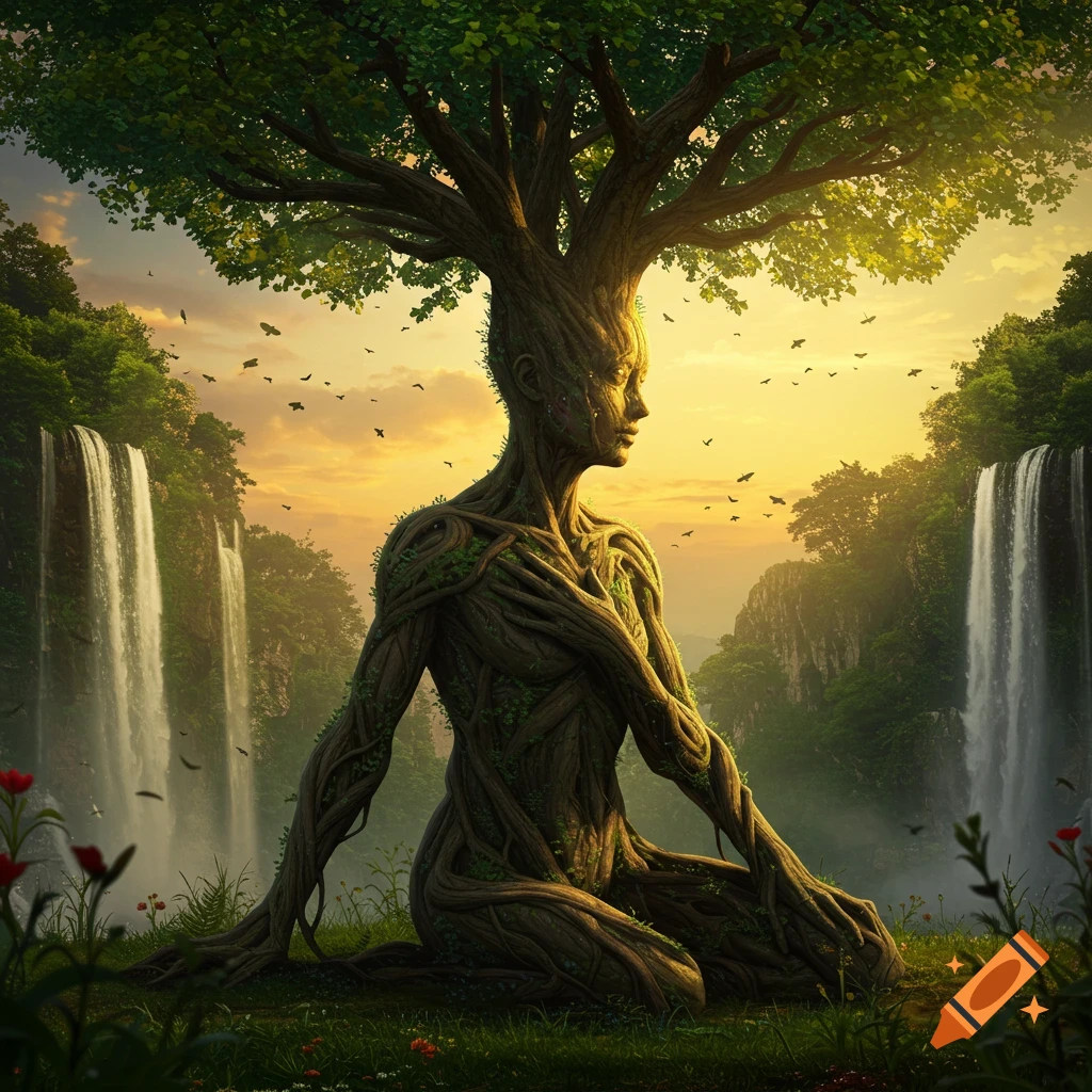 A mystical tree person made of roots and leaves meditates in a lush forest with two waterfalls under a sunset sky.