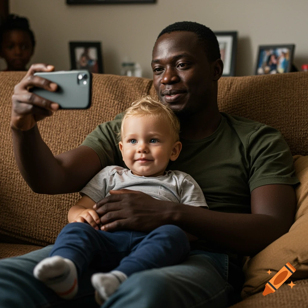 An African man and his blonde son sit on a couch, taking a selfie with a phone. Photorealistic.