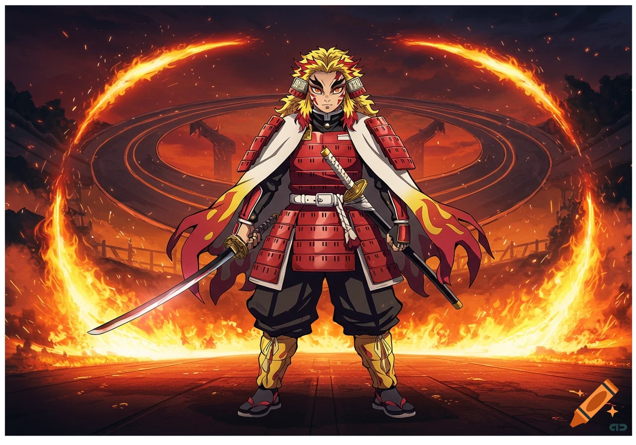 Anime character, a samurai with fiery hair and clothing, holding two katanas in a fire-filled arena.