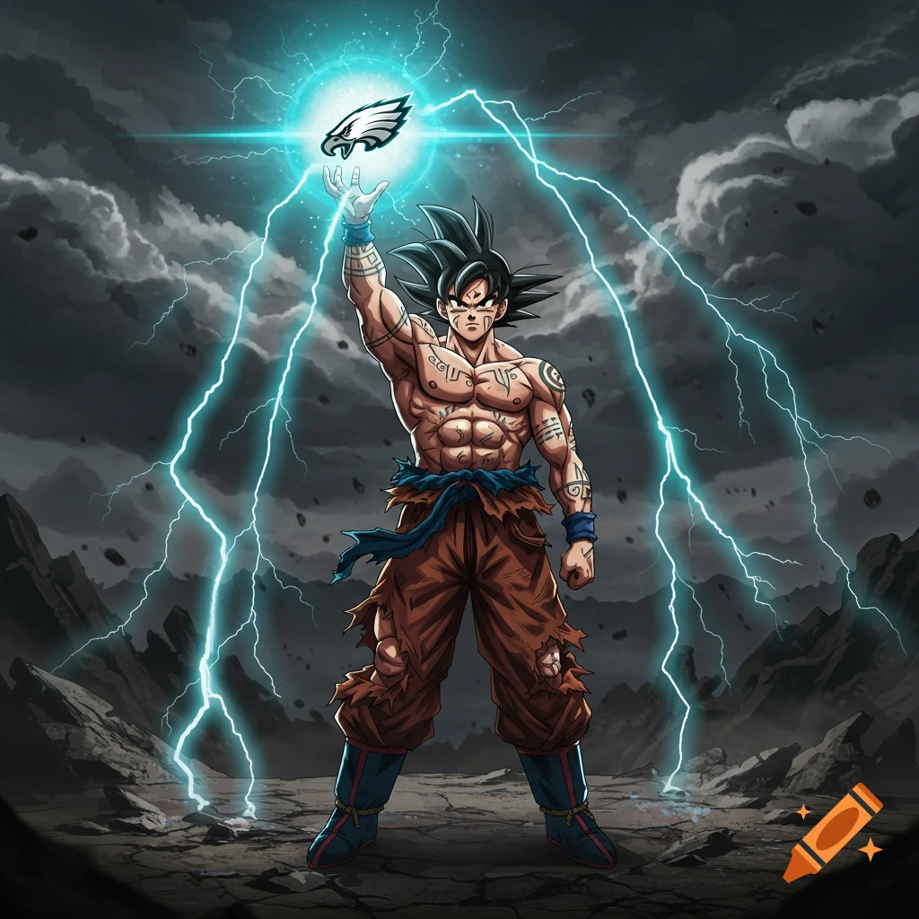 Anime-style Goku, shirtless with tattoos, raises his hand to manifest a glowing Philadelphia Eagles logo amidst a stormy, lightning-filled, rocky landscape.