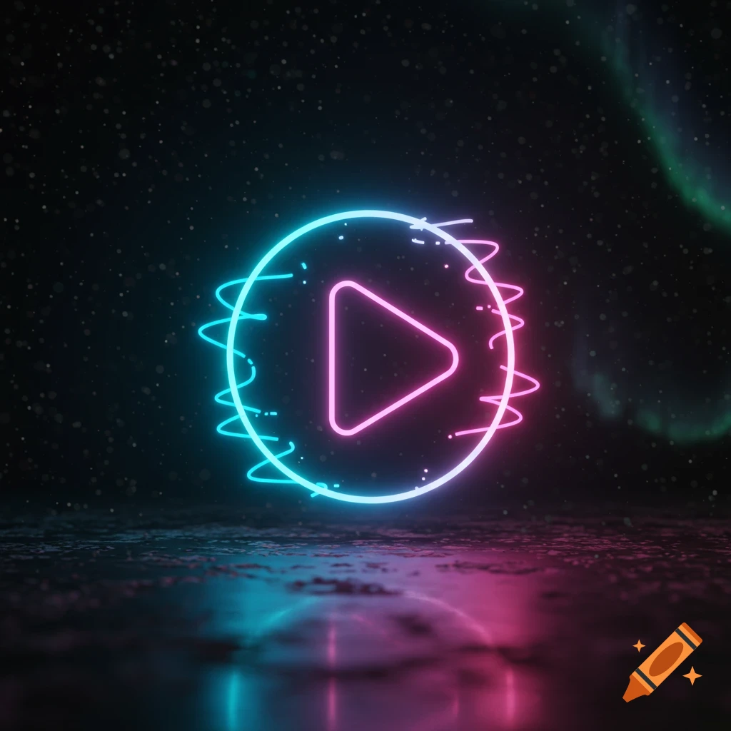 A vibrant neon blue and pink play button icon, surrounded by glowing sound waves, floats in a dark, cosmic digital space.