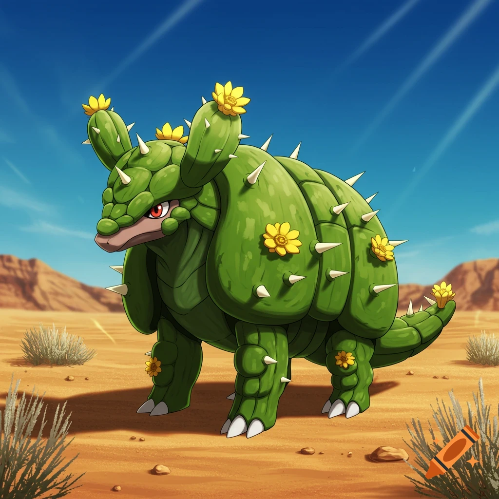 A cartoon-style cactus armadillo creature with yellow flowers and spikes stands in a sandy desert under a blue sky.