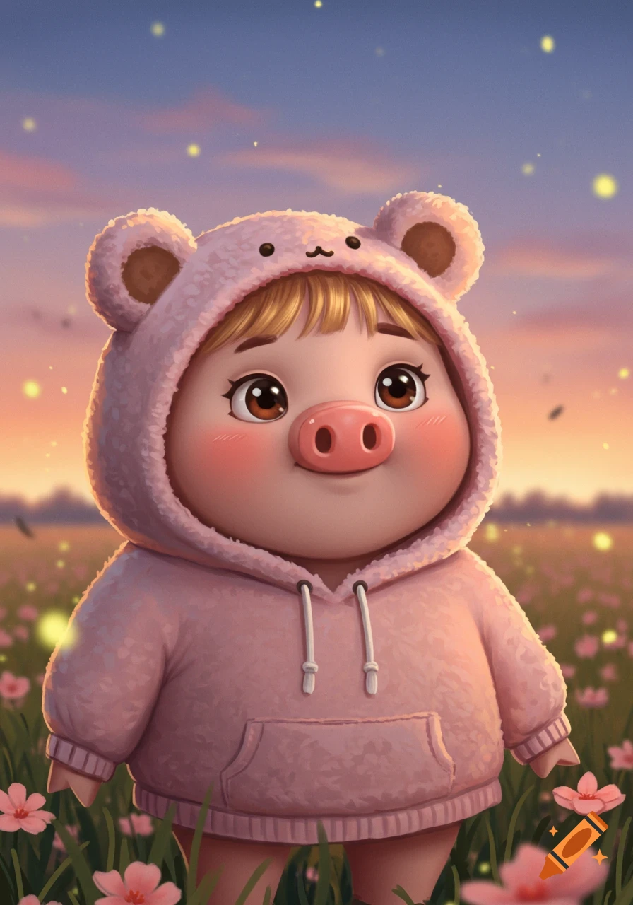 Cute anthropomorphic pig girl in a pink teddy bear ear hoodie stands in a field of flowers at sunset.