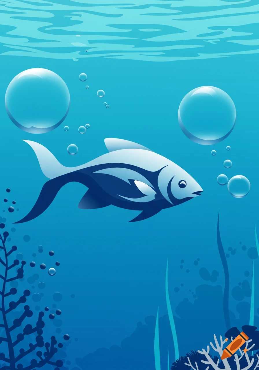 Stylized illustration of a blue fish swimming in a vibrant underwater scene with bubbles and seaweed.