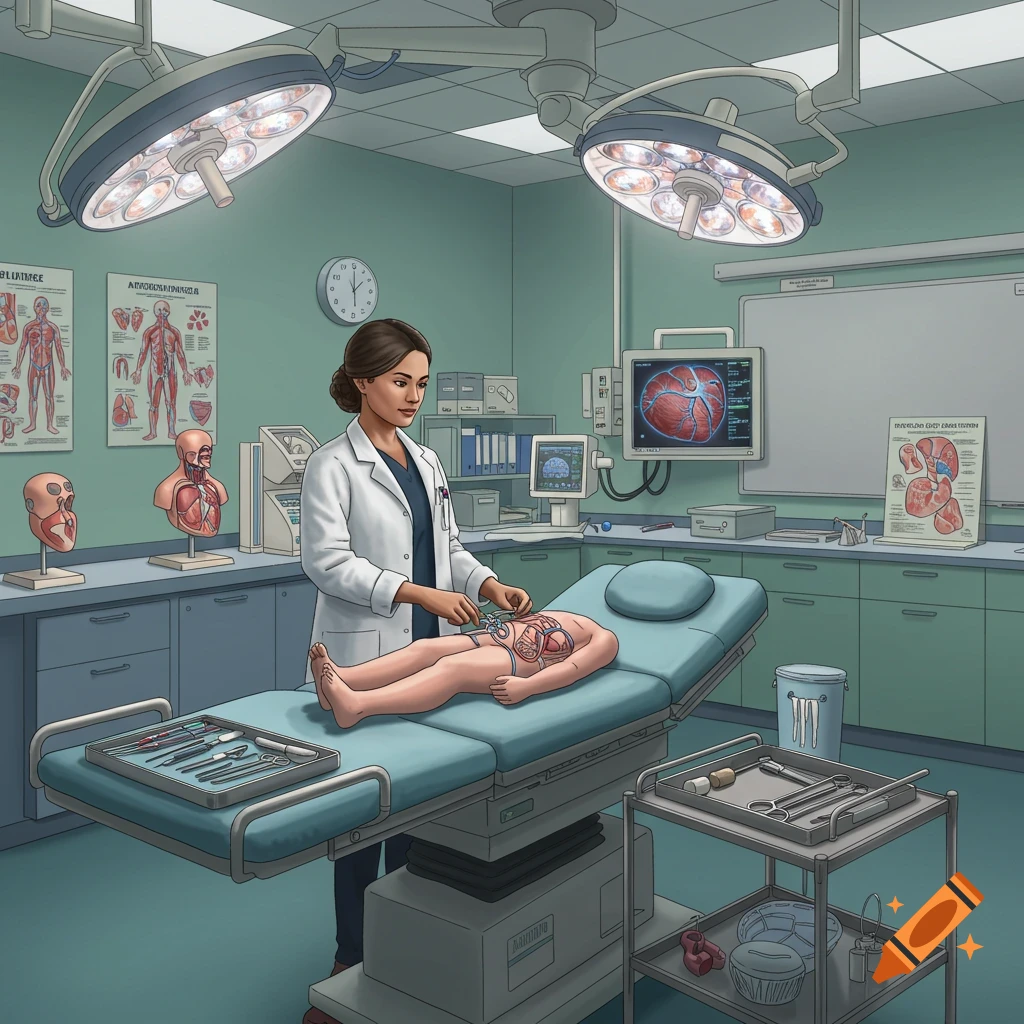 An illustrated medical assistant performs an operation on an anatomical model in an operating room.
