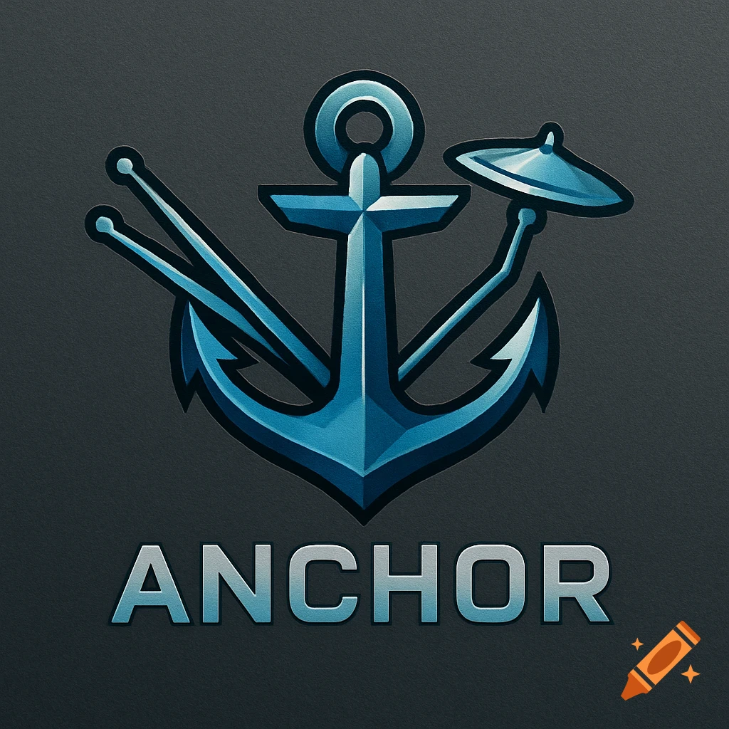 Stylized blue logo featuring an anchor, drumsticks, and a cymbal, with 'ANCHOR' text below on a dark textured background.