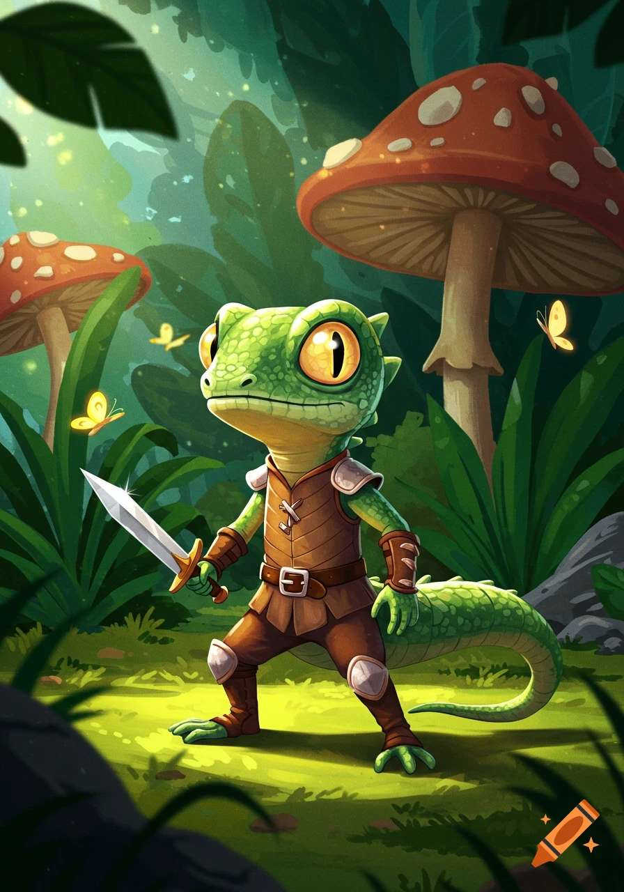 A cartoon green lizard wearing brown armor and holding a sword stands in a magical forest with large mushrooms.